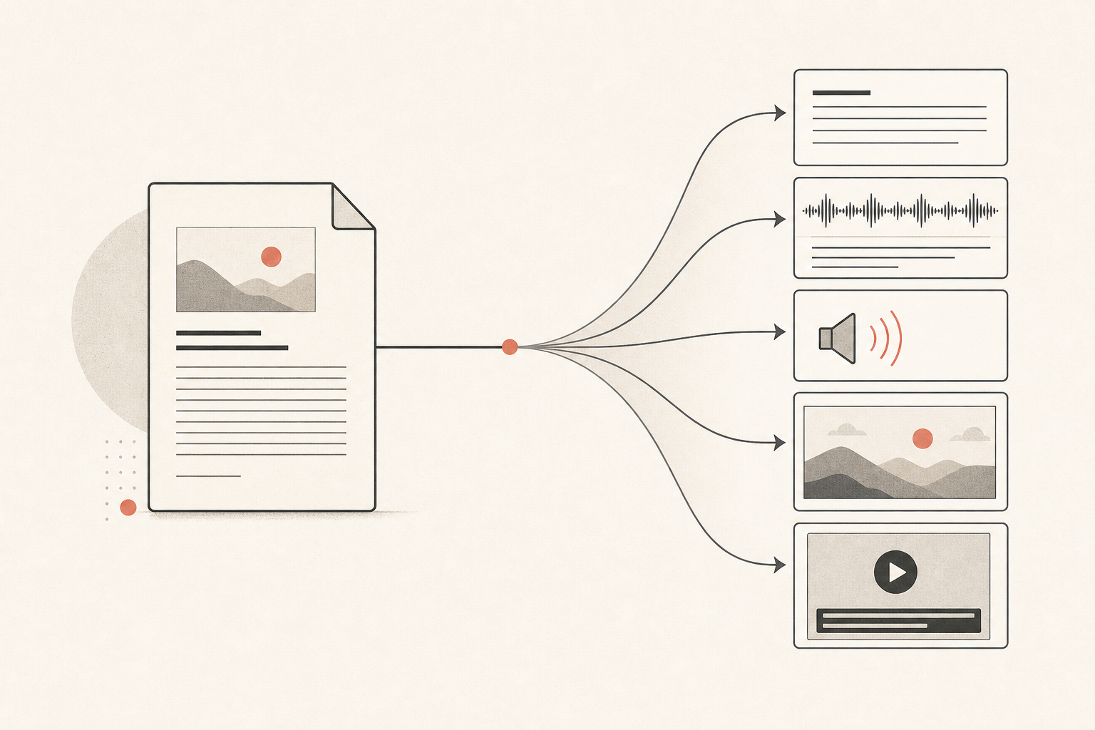 One source document branching into plain text, transcript, narration, illustration and captioned video outputs